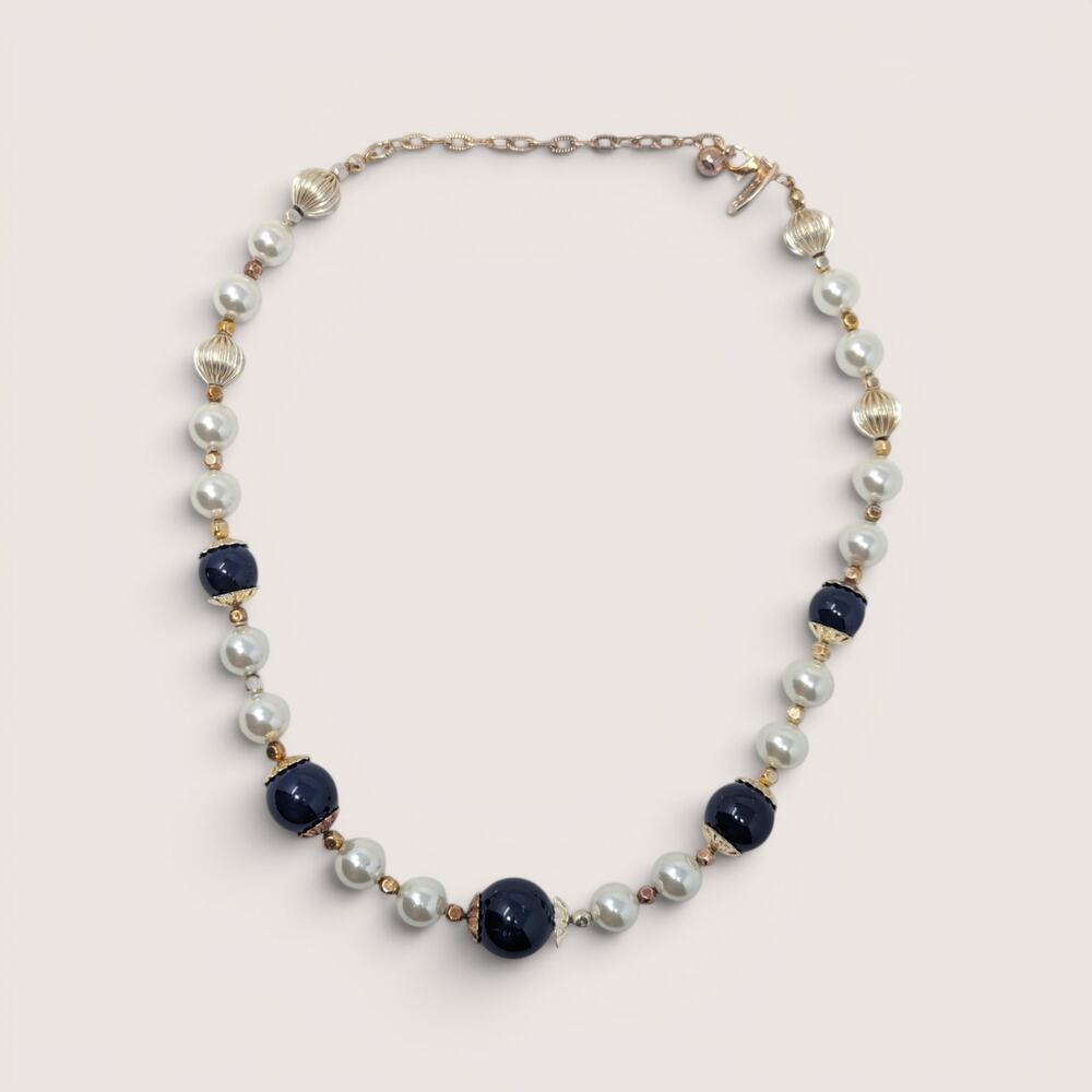 Vintage George Blue White and Gold Glass Bead Necklace
